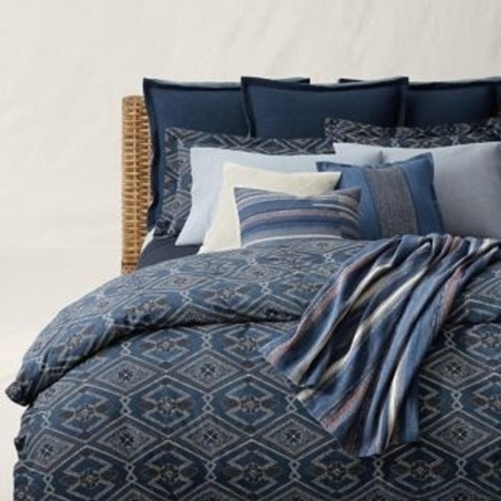 Ralph Lauren Francois‎ Full Queen Duvet Cover Blue Geometric Diamond Pattern